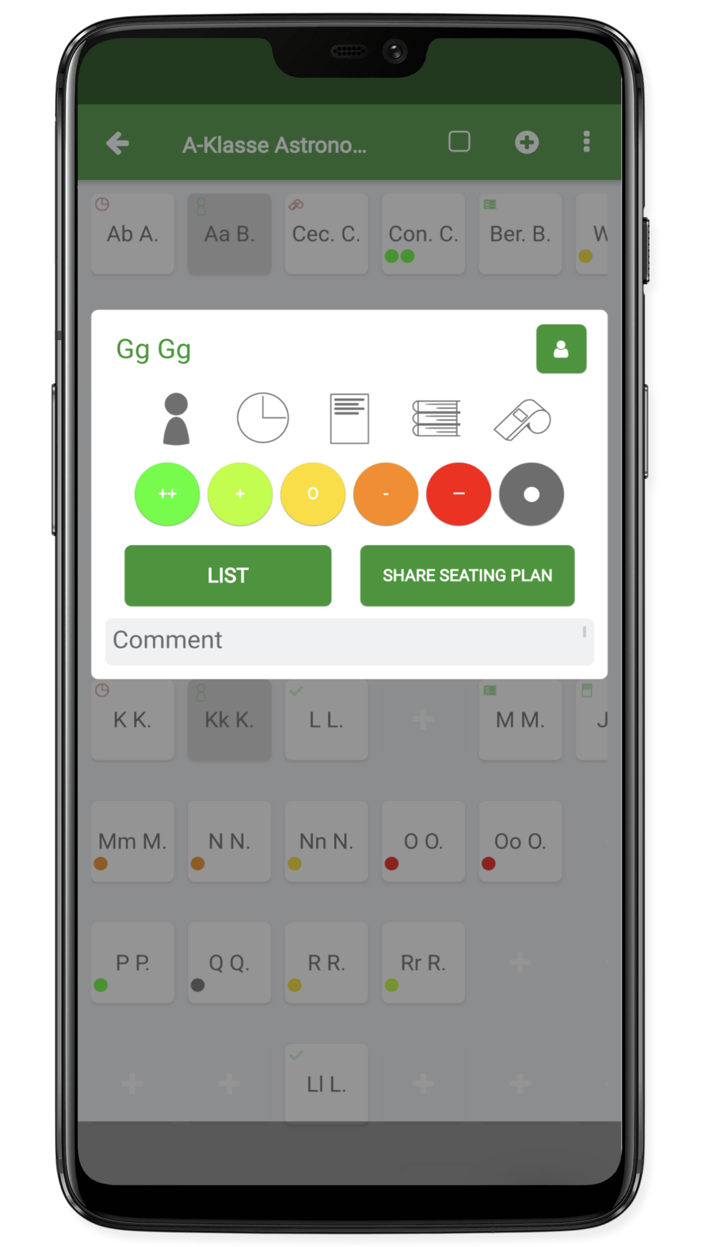 enter grades in the seating plan